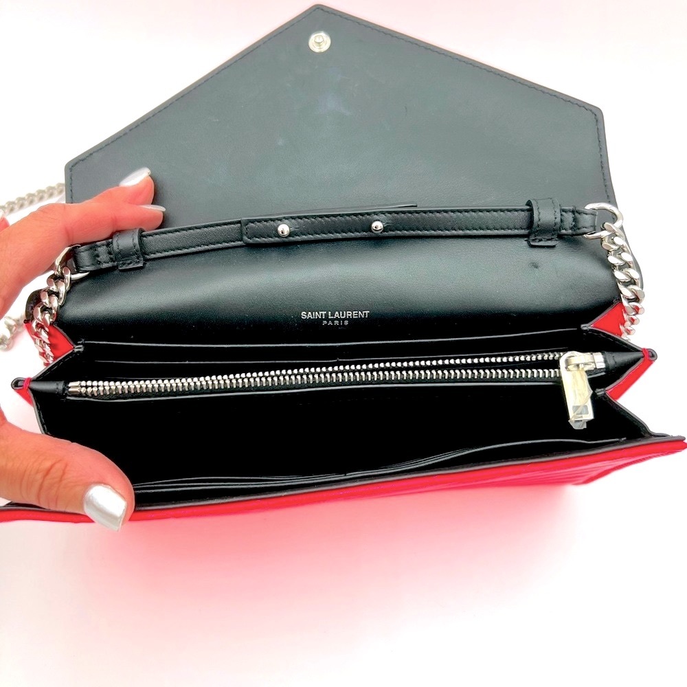 EUC YSL Cassandre neon fuchsia patent leather clutch on a chain. - Picture 9 of 11